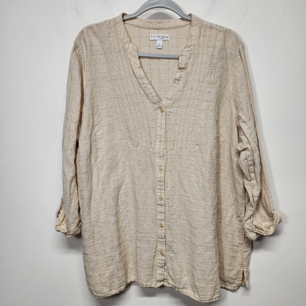 Kim Rogers Womens Linen Blend Top Size 1X Beige Long Sleeve Pintuck Windowpane